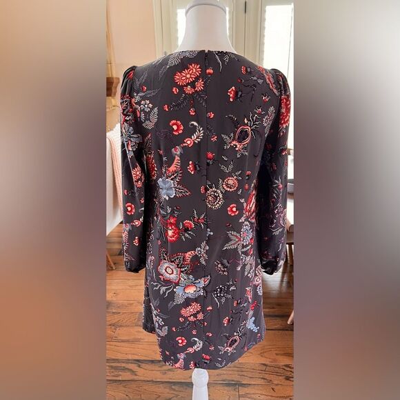 Floral Boho Shift Dress Gray Red Blue Long Sleeve Puff Sleeve Retro 4P Mini - Picture 5 of 8